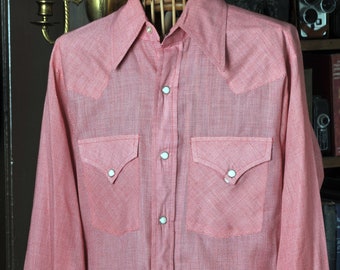 Vintage Red and White Wagon Boss Houndstooth Check 50's or 60's Cowboy Western Shirt 15 1/2 - M  Pearl Snaps