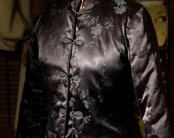 Vintage 60's  Black Mandarin Padded Silk/Satin /Nylon Jacket The Only Thing You Want To Be From China Woman's M Mandarin Frog Clasps