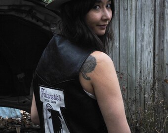 Vintage  Leather Woman's Biker Vest Rare Club Colors Patch The Falconettes of Memphis, Tn M made in USA