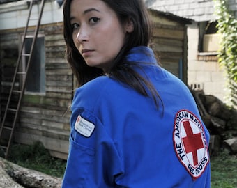 American Red Cross Blue Jumpsuit - Disaster Service - Racing Strip Large Embroidered Patches - Short Sleeves - Woman's M Mens S made in USA