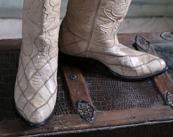 Struzzo esotico vintage da uomo Wild West Cream Harlequin Diamond Patchwork 10 1/2 D Stivali da cowboy Pelle goffrata di struzzo 10D