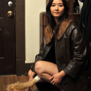 1950&#39;s or 60s Women&#39;s Golet Brown Leather Swing Coat Genuine Blue Fox Fur a Golét Original marked size 12