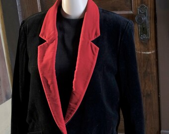 Vintage 1980's Black Velvet Jacket with Red Lapels Fitted & Fully Lined S/M