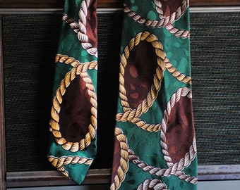 Vintage Western Necktie Green Silk with Rope Pattern 1940's for Hollywood Style Pants