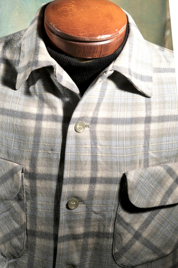 Vintage 1950s Pendleton Blue Grey Shadow Plaid Wool Board Shirt 