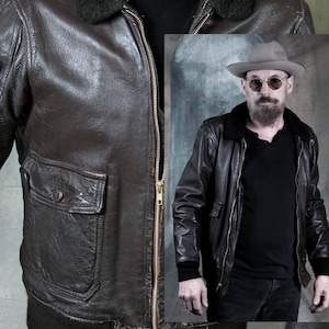 Vintage Genuine US Navy G-1 Goat Leather Flight Jacket by Brill Brothers - Brown t Size 40R Single Piece Back