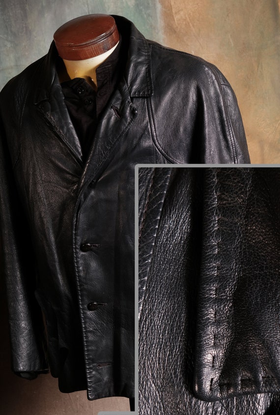 Vintage Soft Black Leather Jacket 50's or 60's -M… - image 9