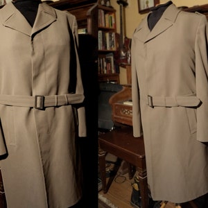 Vintage 1960&#39;s Men&#39;s Brown Serge Wool Long Overcoat with Belted Waist and Full Lining Mens L Military Details made in Europe