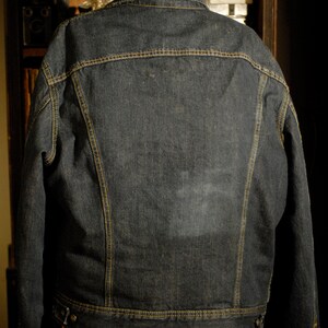 Vintage Lee Sherpa lined Blue Jean Denim Jacket Diamond Stitched Lined Sleeves tagged M early 70's Men or Women image 8