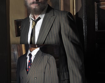 Vintage 1960's Men's Mod Brown Pinstripe Double Breasted Suit Jacket  Swinging London  Men's S/M Woman's M/L Made in the USA