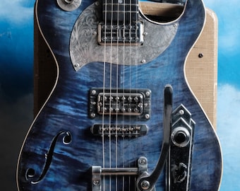 Postal Delta Zephyr Flamed Maple Blue Silverplate Battipenna inciso Bigsby