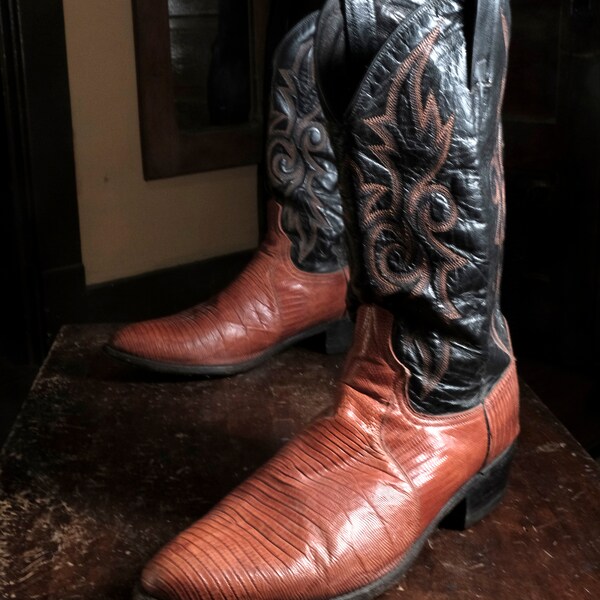 Vintage 2 Tone Brown & Black Lizard Exotic Western Boots by Dan Post 12 D Embroidered Leather Shafts