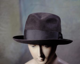 Cappello Fedora in feltro di pelliccia marrone vintage Knox anni '50, taglia 7