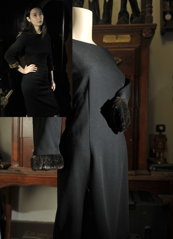 1950s Elegant Black Wiggle Dress with Fur Cuffs by