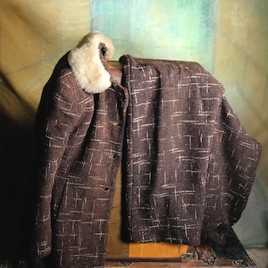 Vintage 1940s Atomic 2 Piece Brown Suit Girls 14/Womans XS Wool Fully Lined Shearling Collar