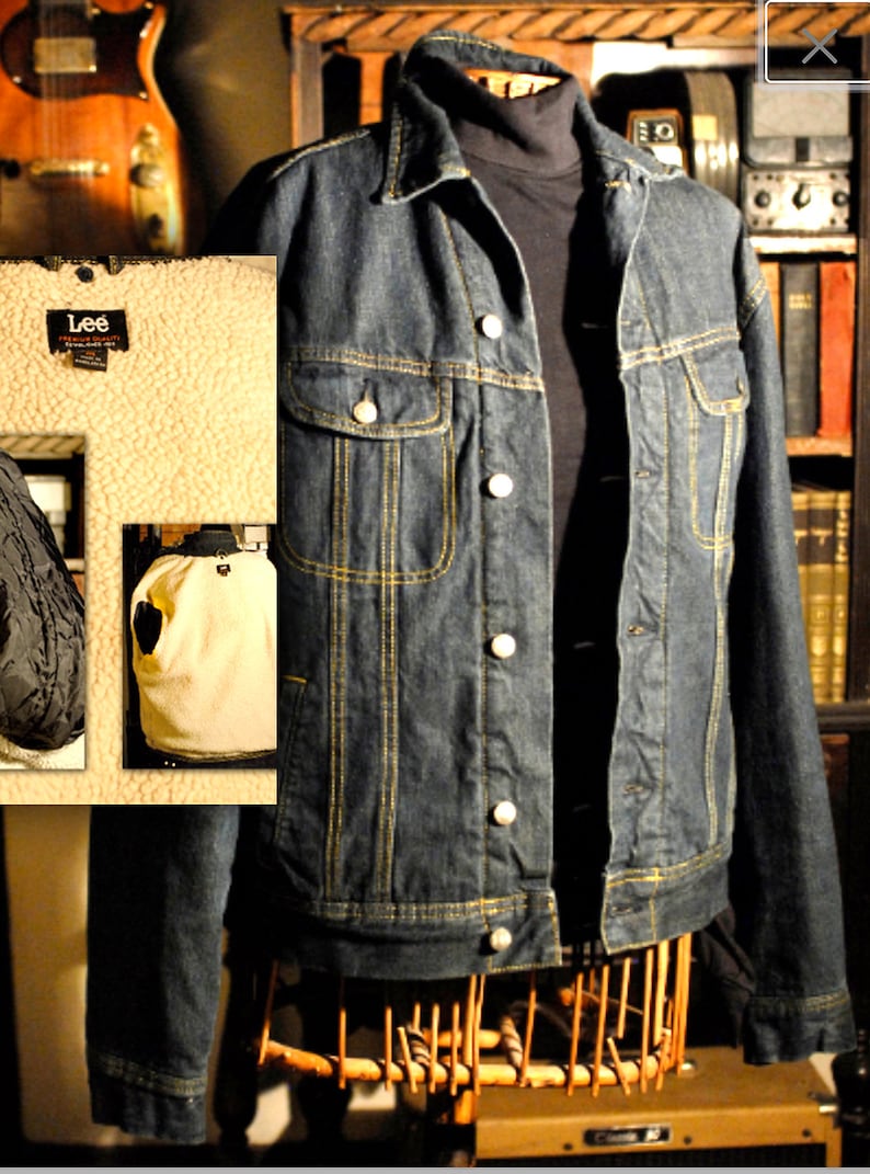 Vintage Lee Sherpa lined Blue Jean Denim Jacket Diamond Stitched Lined Sleeves tagged M early 70's Men or Women image 1
