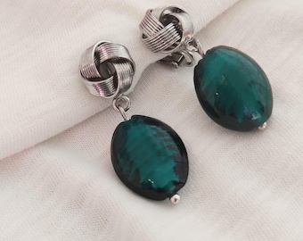 Vintage 70s green glass pendant earrings clip on for women