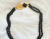 Vintage necklace '90s 2 black pearls strands with gold cabochon