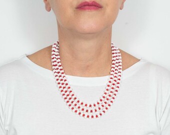 WEST GERMANY 60s multistrand red and white 3 strand beads necklace for women