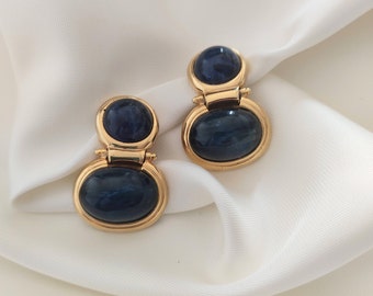 Orecchini vintage anni '80 pendente blu e oro con clip da donna