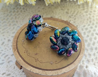 WEST GERMANY vintage 1950s earrings – spectacular stud jewelry with iridescent Aurora Borealis crystals