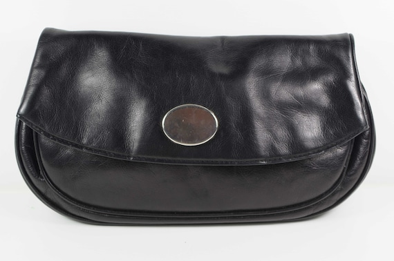 Italian vintage 70's black leather clutch bag enve