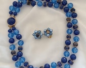 HONG KONG Vintage 1960s Jewelry Set Double Strand Blue Choker Necklace Matching Clip Earrings | Mid Century Resin Plastic Bead Statement Set