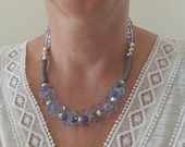 Vintage 1960s 1970s Resin Bead Choker Necklace Blue Green Pastel Woven Statement | Mid Century Boho Cluster Bib Jewelry
