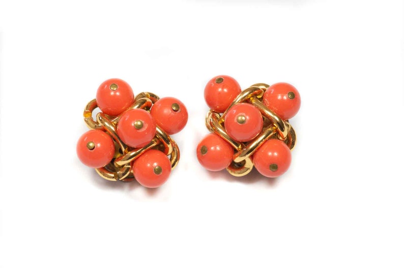Vintage 70s clip on earrings resin coral colour beads for image 1