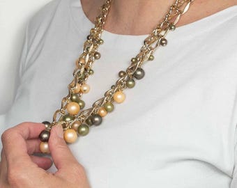 WEST GERMANY vintage 60's long gold mesh with coloured pearls necklace