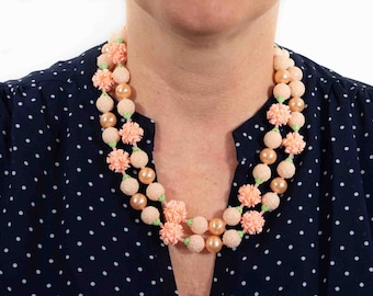 JAPAN 50s vintage pink pearls and flowers necklace for women