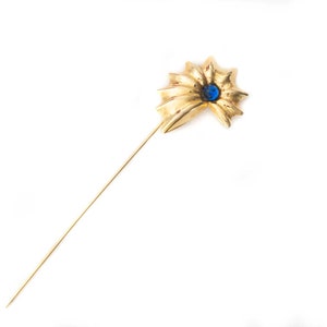 Vintage 70s brooch pin for jacket goldtone flower and blue glass bead for men and women image 1