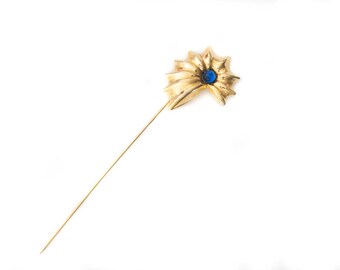 Vintage 70s brooch pin for jacket goldtone flower and blue glass bead for men and women