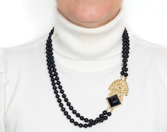 Vintage necklace '90s 2 black pearls strands with gold cabochon