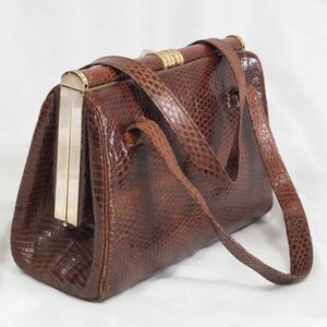 Vintage 50s brown crocodile print leather handle bag for woman image 3