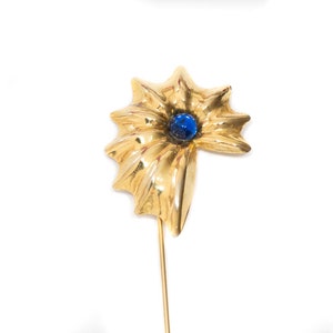 Vintage 70s brooch pin for jacket goldtone flower and blue glass bead for men and women image 4