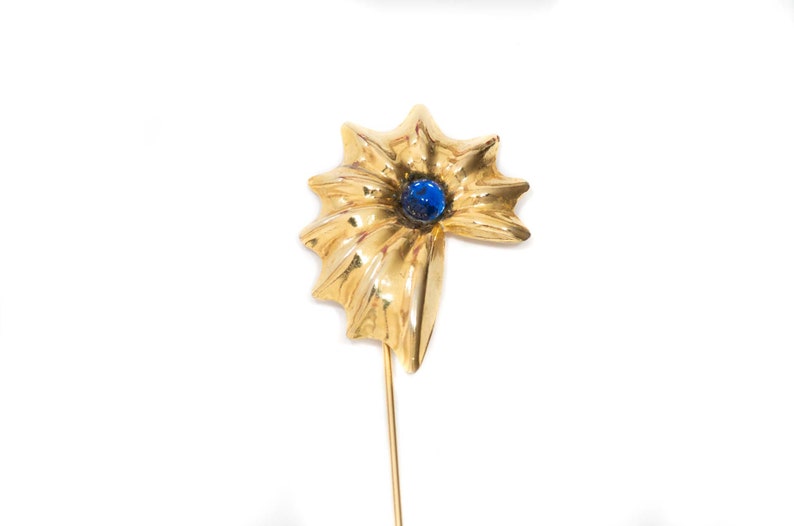 Vintage 70s brooch pin for jacket goldtone flower and blue glass bead for men and women image 4