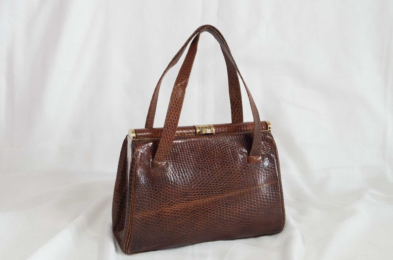 Vintage 50s brown crocodile print leather handle bag for woman image 1