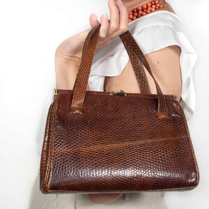 Vintage 50s brown crocodile print leather handle bag for woman image 10