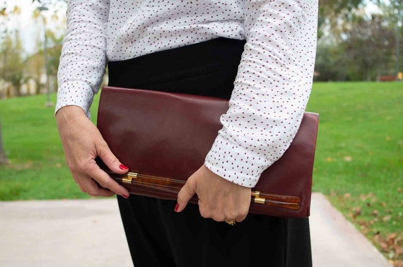 Italian vintage 70's burgundy leather clutch bag … - image 1