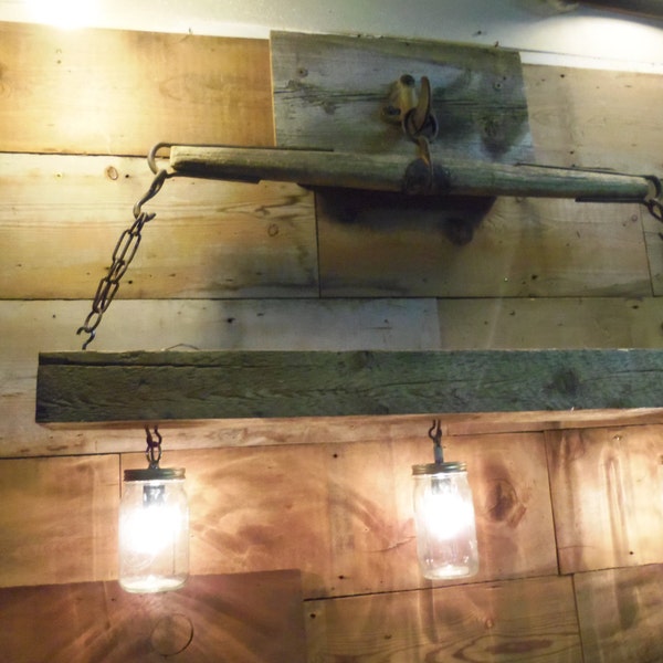 Reclaimed Barn Beam and Antique Horse Yoke Chandelier,Mason Jar Light Fixtures