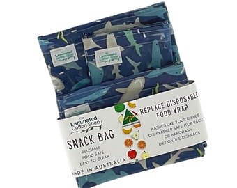 Reusable snack bag set food safe laminated cotton sharks