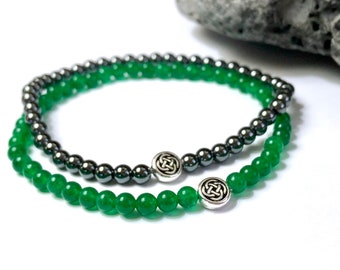 Mens/Womens Celtic Stack Bracelet - Minimalist Jade/Hematite Slim Bracelet - Irish Jewelry Set - Optional Sterling Silver Earrings