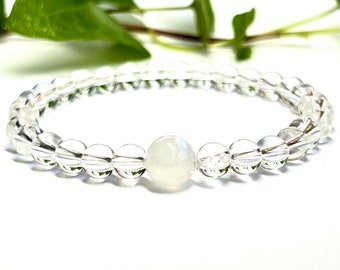 Clear Quartz & Moonstone Bracelet - Men’s/Women’s -  Protection/Clarity/Focus - June Birthstone - Stretch Bracelet