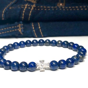 Sterling Silver and Gemstone Cross Bracelet - Slim Spiritual Bracelet - Customizable: Amethyst, Lapis Lazuli, Jade, Onyx, ...