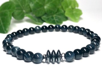 Blue-Gray Tiger Eye Bracelet - Hematite - Slim Bracelet for Men/Women - Calming Focus Bracelet