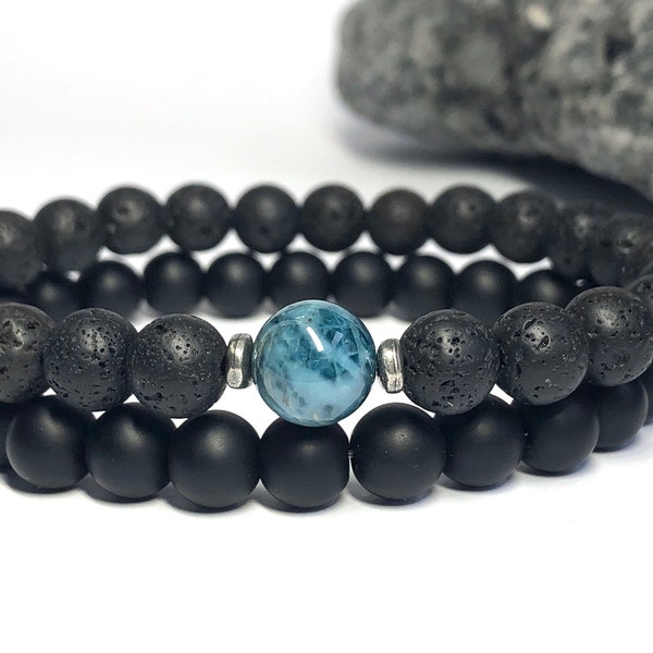 Customizable Black Lava Bracelet w/ Gemstone - Amethyst/Aquamarine/Apatite/Moonstone/Quartz - or Set of 2 w/ Onyx Stone/Ebony Wood Bracelet