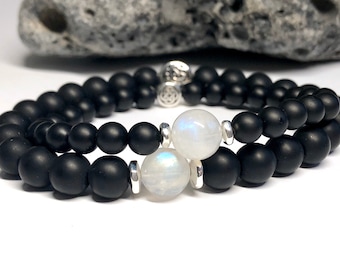 Irish Celtic Moonstone & Onyx Bracelet - June Birthstone Gift – Couple's Full Moon Bracelet - Eternity Knot