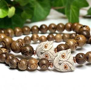 Earth Day Owl Bracelet - Wood with Copper - Natural Wenge or Ebony Wood - Lightweight Stretch Bracelet