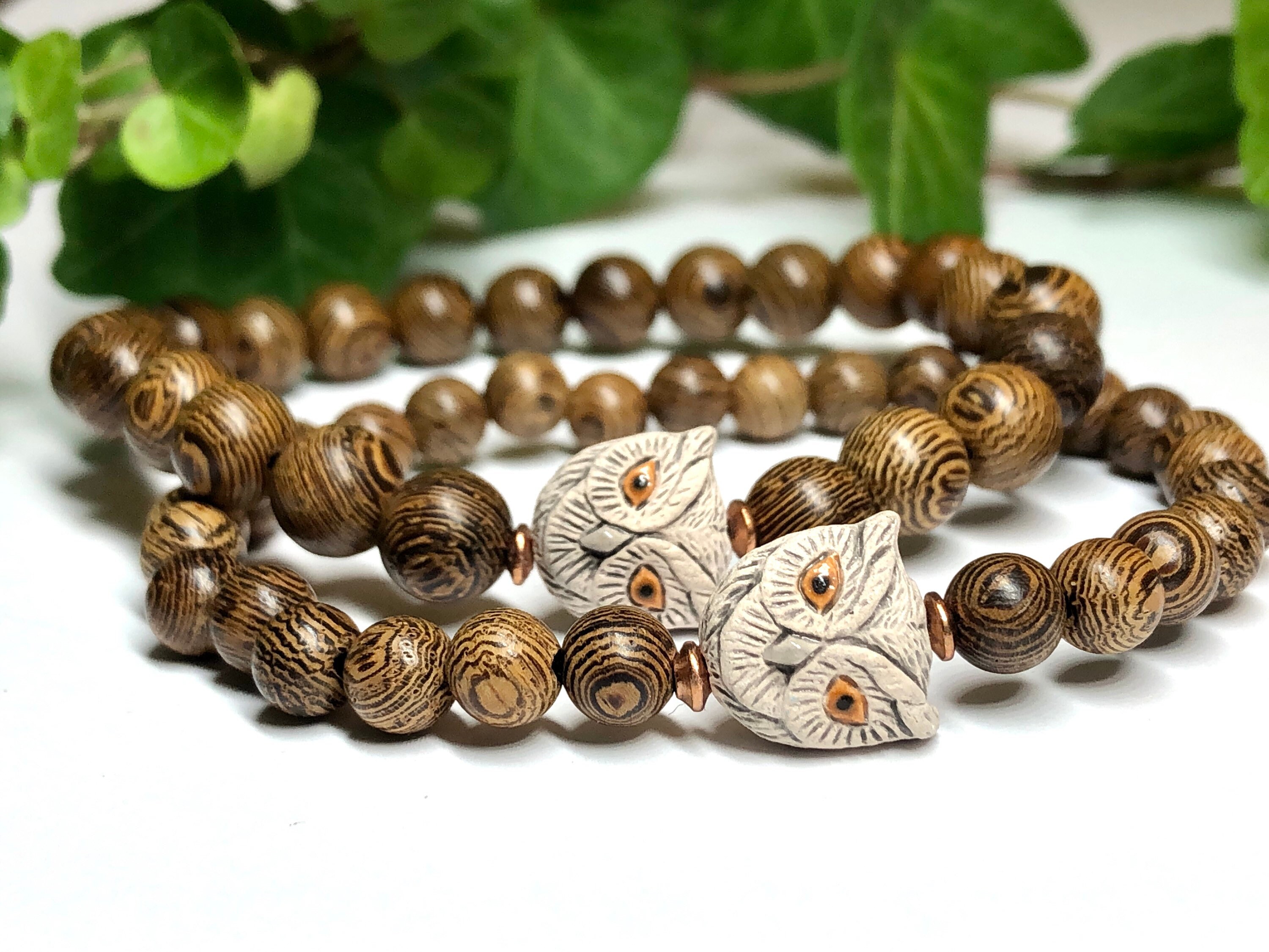 Nature Lover Owl Bracelet - Natural Wenge or Ebony Wood with Copper - Lightweight Stretch Bracelet